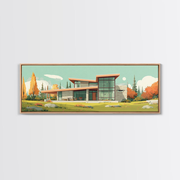 Autumn Glass Modern House Wall Art, Mid Century Modern Architecture Poster, Scandinavian Home Decor, Landscape Framed Canvas Print