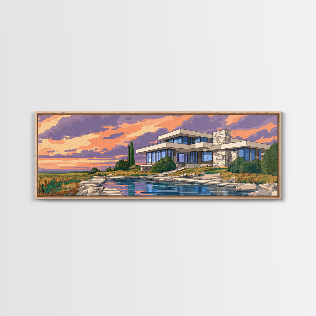 Lakeside Modernist Villa Wall Art, Sunset Mid Century Modern Architecture Poster, MCM Home Decor Scenic Framed Canvas Print