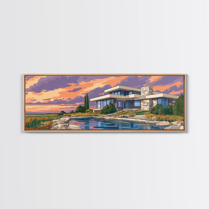 Lakeside Modernist Villa Wall Art, Sunset Mid Century Modern Architecture Poster, MCM Home Decor Scenic Framed Canvas Print