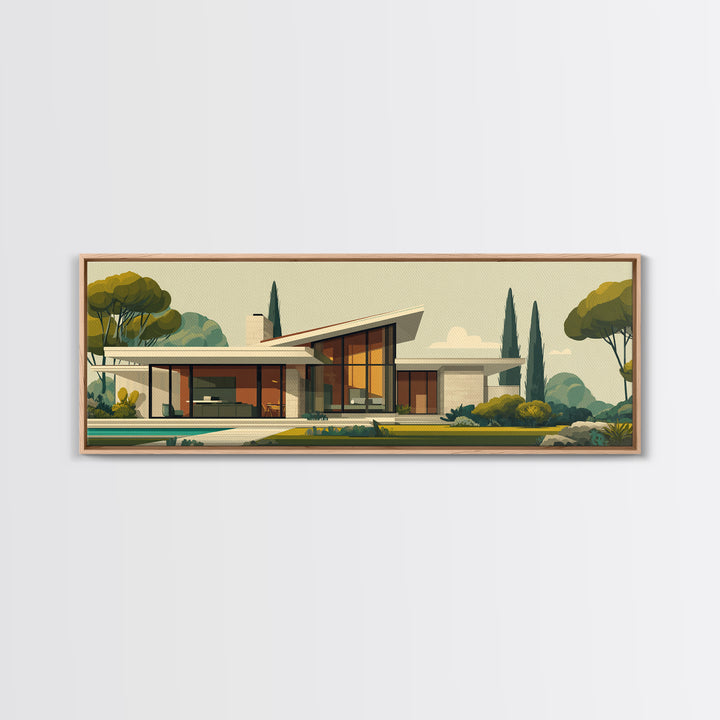 Angular Mid Century Modern House Wall Art, Retro Architecture Poster, Scandinavian Modern Home Decor Framed Canvas Print