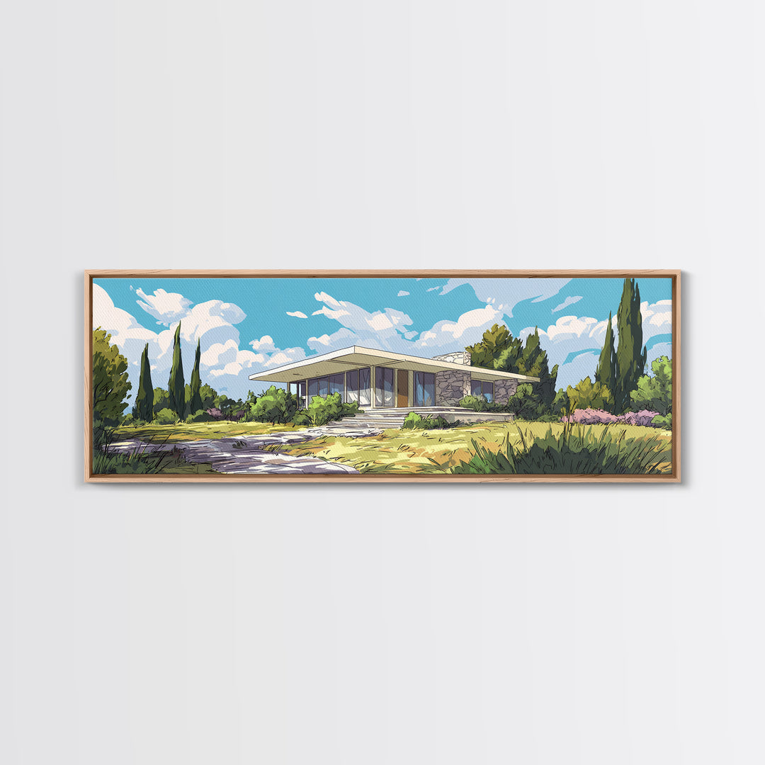 Modernist Garden Ranch House Wall Art, Mid Century Modern Architecture Poster, MCM Home Decor Landscape Framed Canvas Print