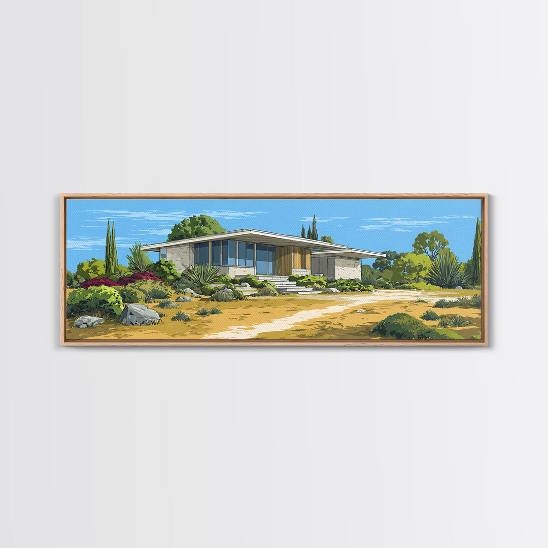 Desert Modern House With Garden Path Canvas Print, Midcentury Architecture Wall Decor, California Poster, MCM Home Art Print