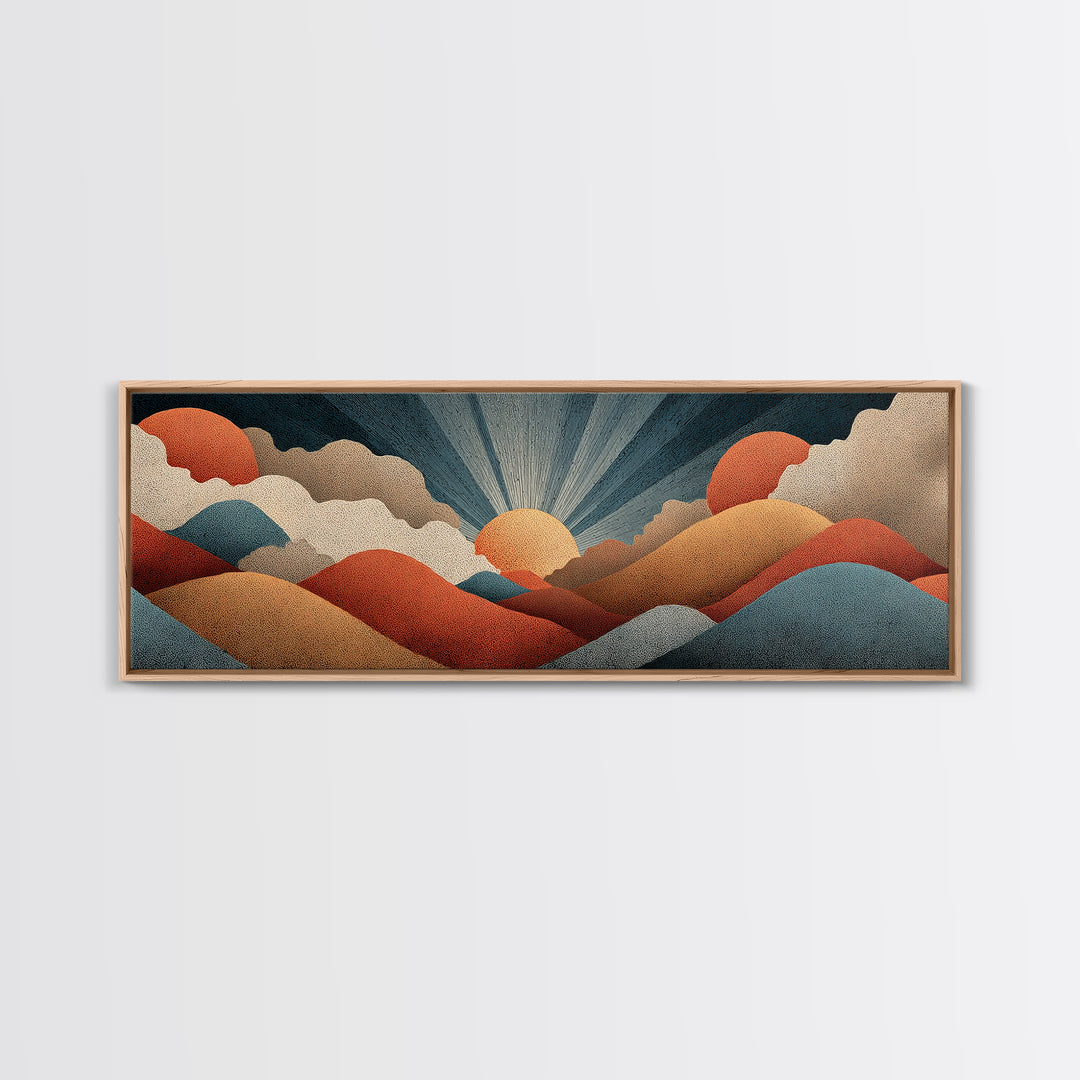 Textured Sun And Twin Clouds Over Rolling Hills Wall Art, Midcentury Modern Print, Retro Earth Tone Decor, Abstract Canvas