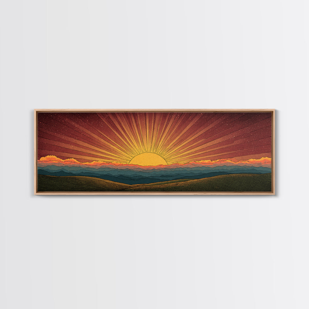 Radiant Orange Sunset Behind Blue Mountains Canvas Print, Midcentury Sun Wall Art, Retro Landscape Decor, MCM Home Poster