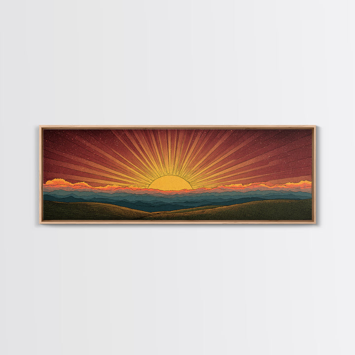 Radiant Orange Sunset Behind Blue Mountains Canvas Print, Midcentury Sun Wall Art, Retro Landscape Decor, MCM Home Poster