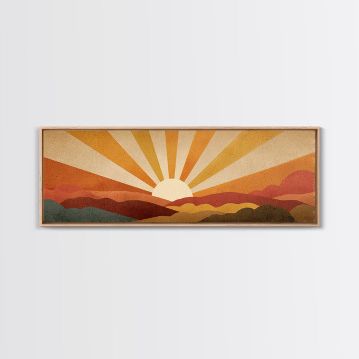 Warm Orange Sun Rays Over Abstract Hills Wall Art, Midcentury Modern Print, Retro Desert Decor, Minimalist Canvas Poster