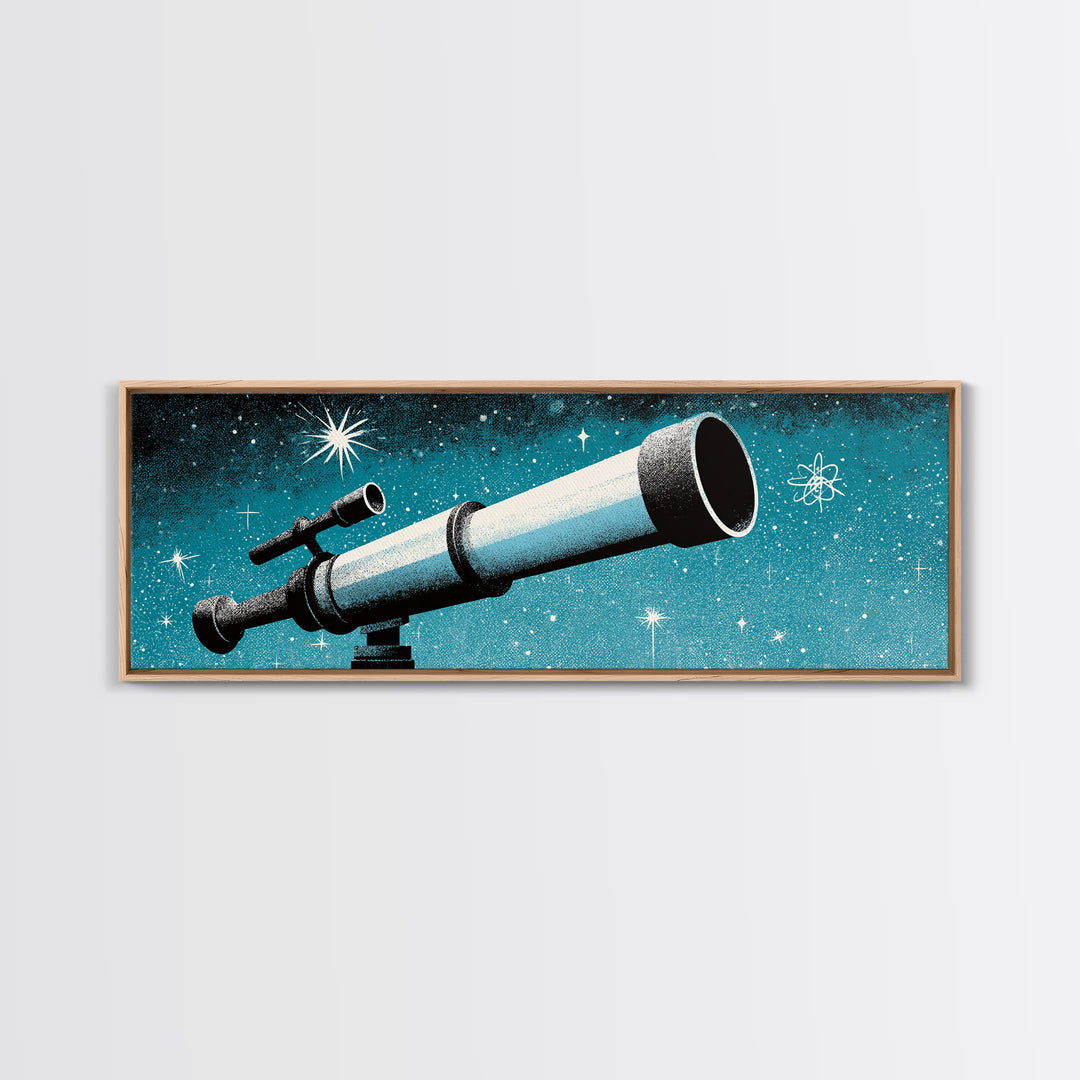 Close Up Blue Telescope Framed Canvas Print, Retro Astronomy Wall Art, Midcentury Modern Decor, Starry Space Poster, Office Art