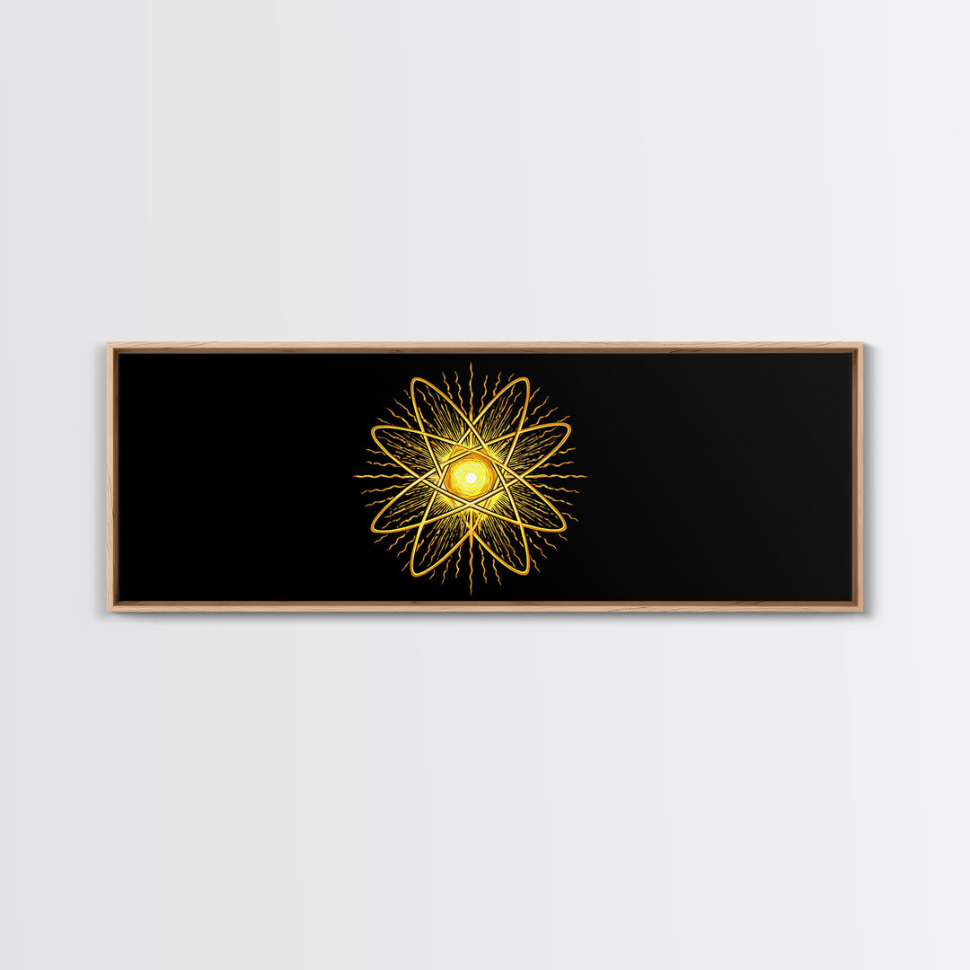 Golden Atomic Star On Black Canvas Print, Midcentury Modern Art, Retro Space Poster, Geometric Wall Decor, MCM Abstract Art