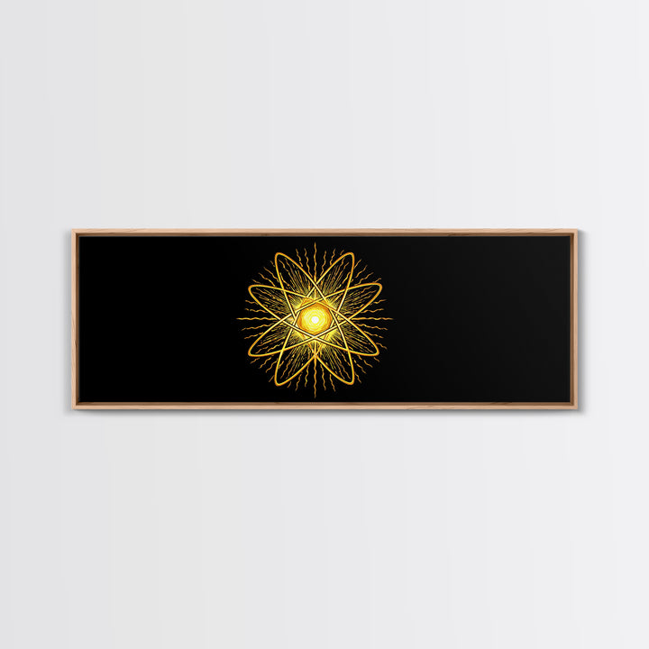 Golden Atomic Star On Black Canvas Print, Midcentury Modern Art, Retro Space Poster, Geometric Wall Decor, MCM Abstract Art