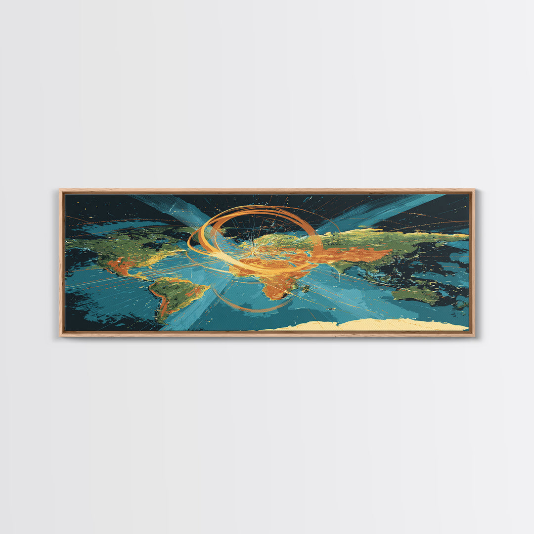 World Map With Orbital Energy Rings Framed Canvas Print, Retro Futurist Wall Art, Modern Abstract Art, Office Decor, MCM