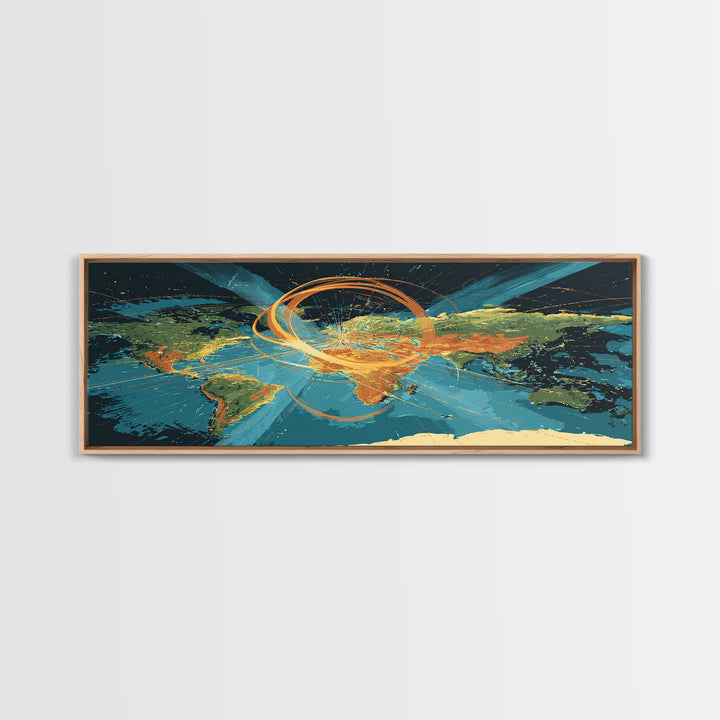 World Map With Orbital Energy Rings Framed Canvas Print, Retro Futurist Wall Art, Modern Abstract Art, Office Decor, MCM
