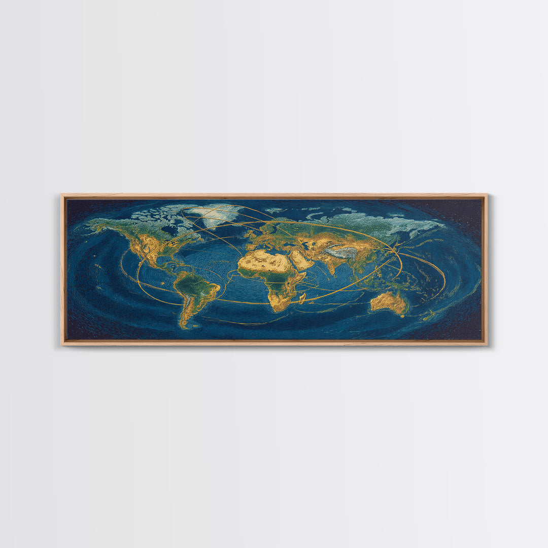 Golden World Map With Orbital Routes Wall Art, Panoramic Modern Art Print, Travel Wall Decor, Office Decor, Blue Gold Poster
