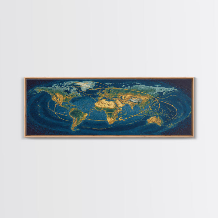 Golden World Map With Orbital Routes Wall Art, Panoramic Modern Art Print, Travel Wall Decor, Office Decor, Blue Gold Poster
