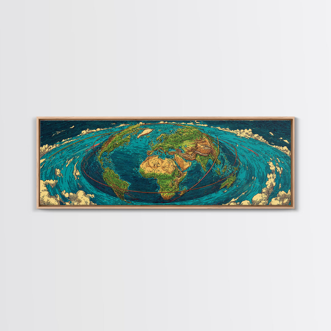 Turquoise Fisheye World Map Canvas Print, Panoramic Travel Wall Art, Modern Home Decor, Office Poster, Blue Green Artwork