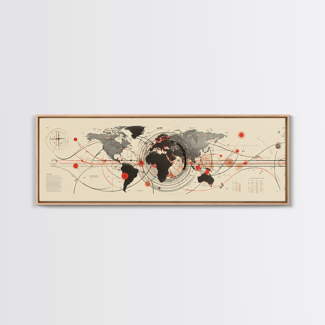 Abstract World Map With Red Orbit Lines Wall Art, Midcentury Modern Art Print, Office Decor, Home Decor, Geometric Travel Poster