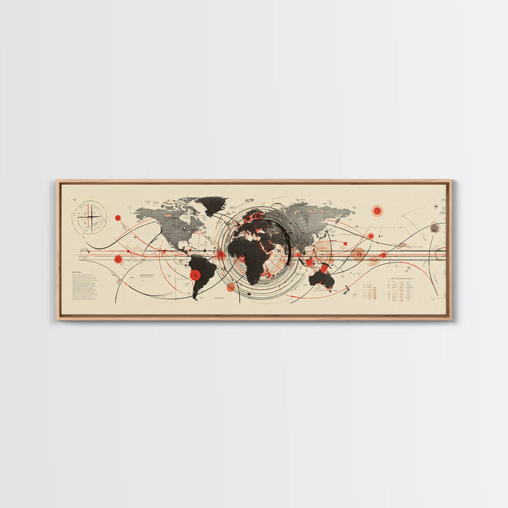 Abstract World Map With Red Orbit Lines Wall Art, Midcentury Modern Art Print, Office Decor, Home Decor, Geometric Travel Poster