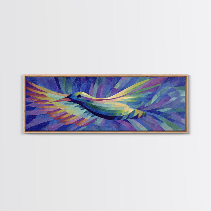 Blue Purple Hummingbird In Flight Canvas Print, Colorful Modern Wall Art, Midcentury Bird Poster, Vibrant Bedroom Decor Print
