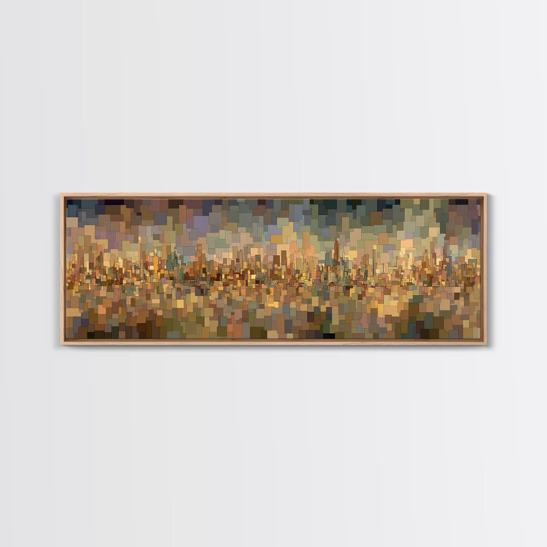 Golden Abstract City Reflection Wall Art, Modern Urban Panorama Print, Midcentury Modern Decor, Large Living Room Art Decor