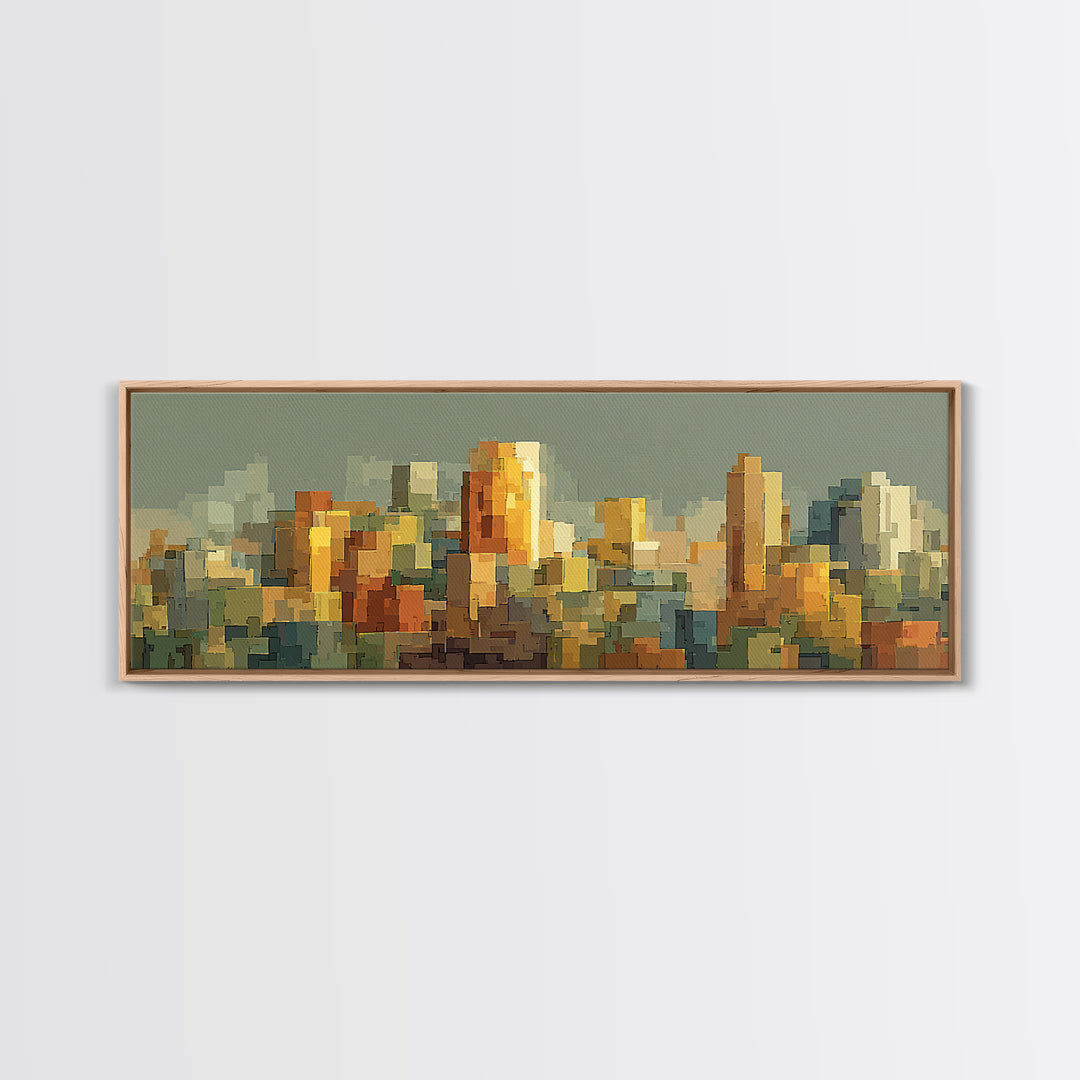 Sage Green Abstract City Skyline Framed Canvas Print, Midcentury Modern Wall Art, Urban Home Decor, Office Art Print Gift