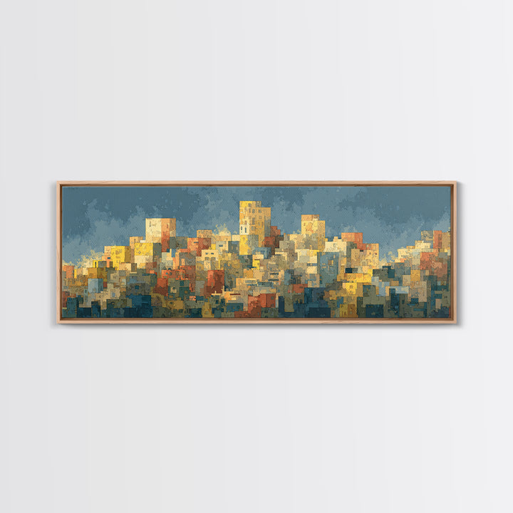 Sunlit Abstract City Skyline Wall Art, Blue And Yellow Urban Print, Midcentury Modern Decor, Living Room Office Art Decor