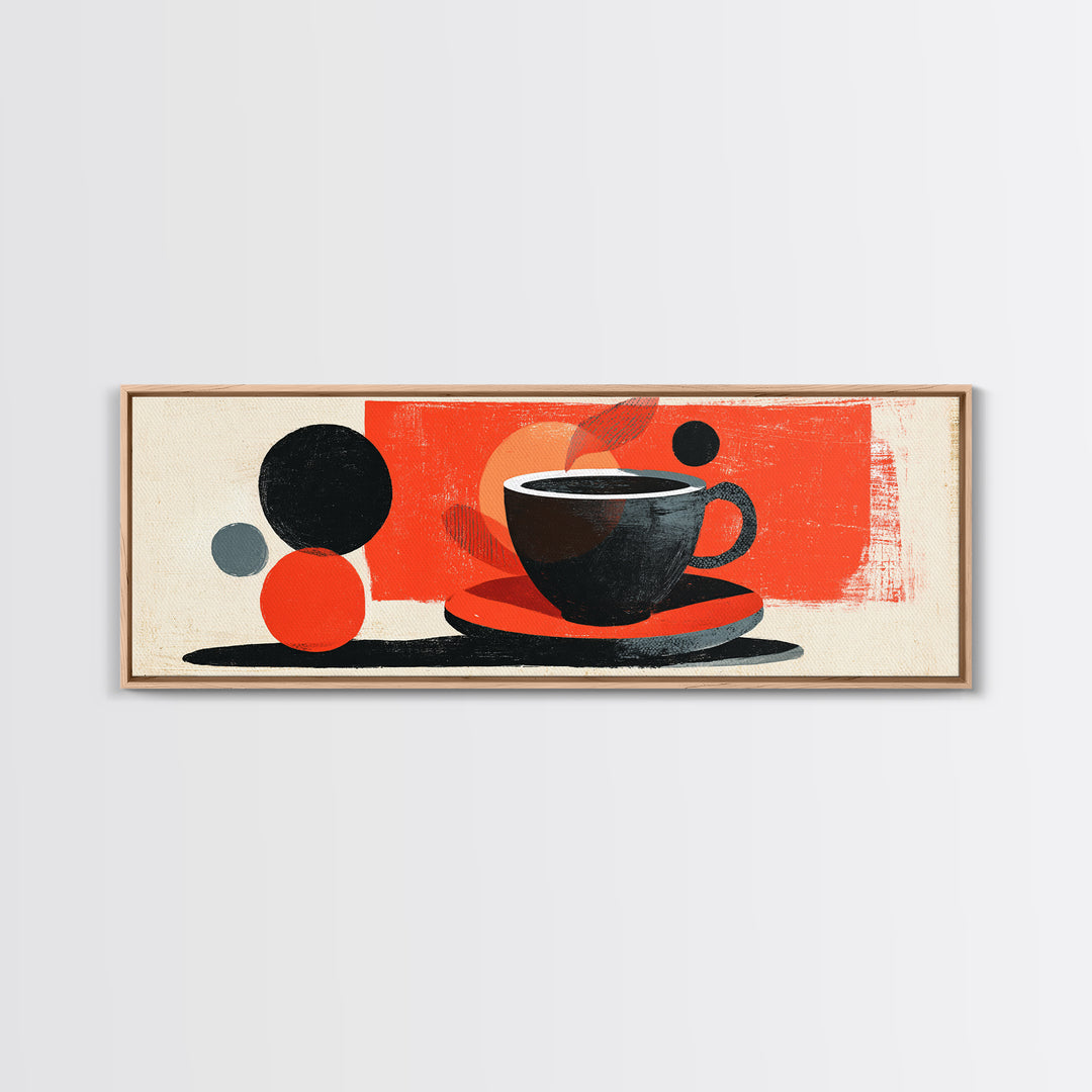 Minimal Black Coffee Cup With Red Circles Wall Art, Bauhaus Modern Kitchen Decor, Midcentury Abstract Cafe Poster Print Gift