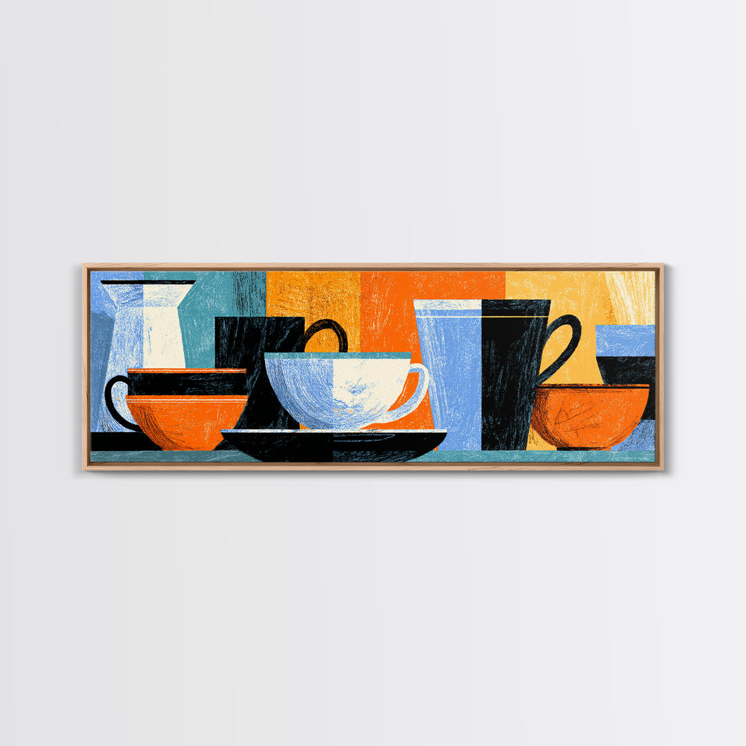 Modern Coffee Cups And Bowls Framed Canvas Print, Retro Kitchen Wall Decor, Midcentury Geometric Cafe Art For Dining Room