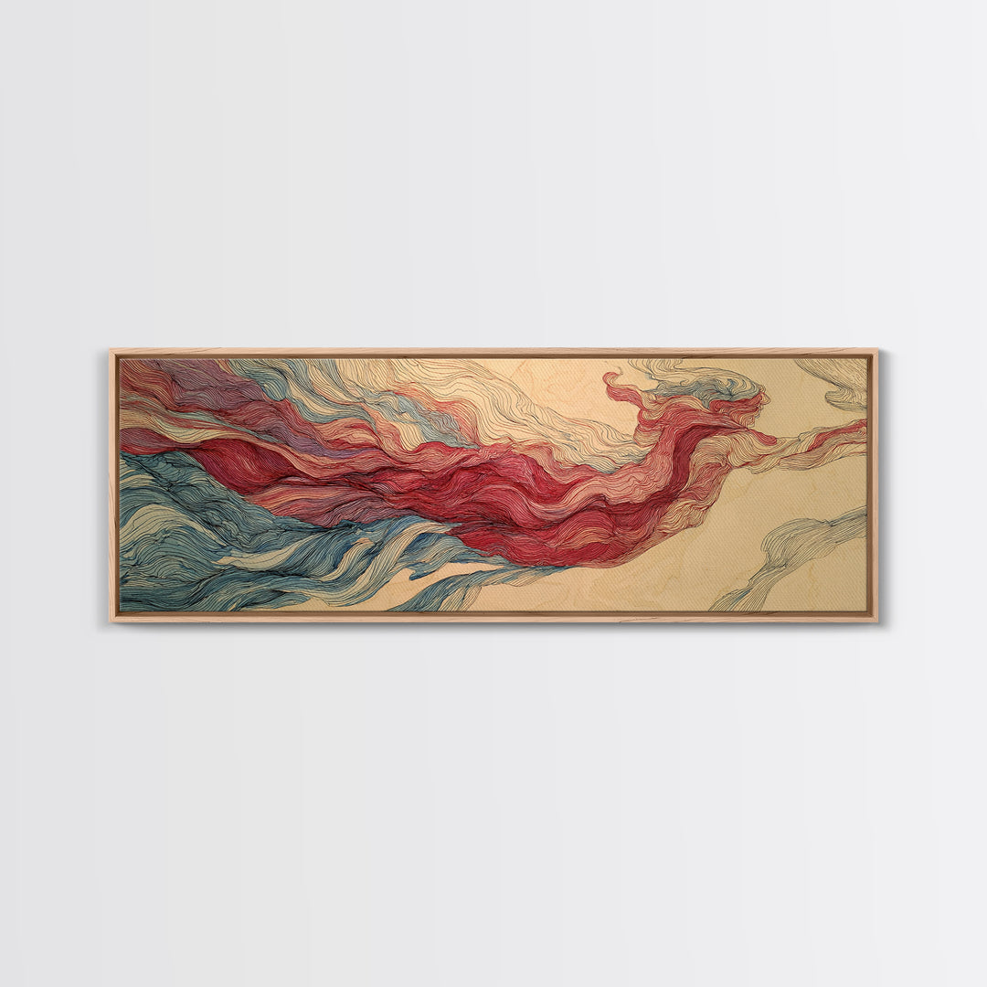 Red Blue Topographic Abstract Landscape Wall Art, Modern Canvas Print, Geometric Line Poster, Contemporary Office Decor Artwork