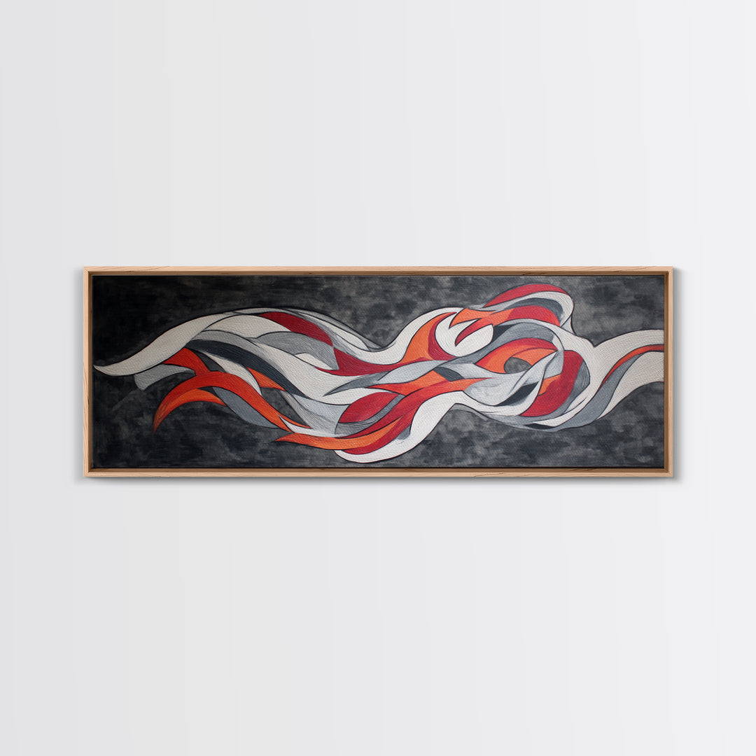 Flowing Red White Silver Ribbons Wall Art, Abstract Midcentury Modern Canvas Print, Retro Mcm Decor, Large Horizontal Art