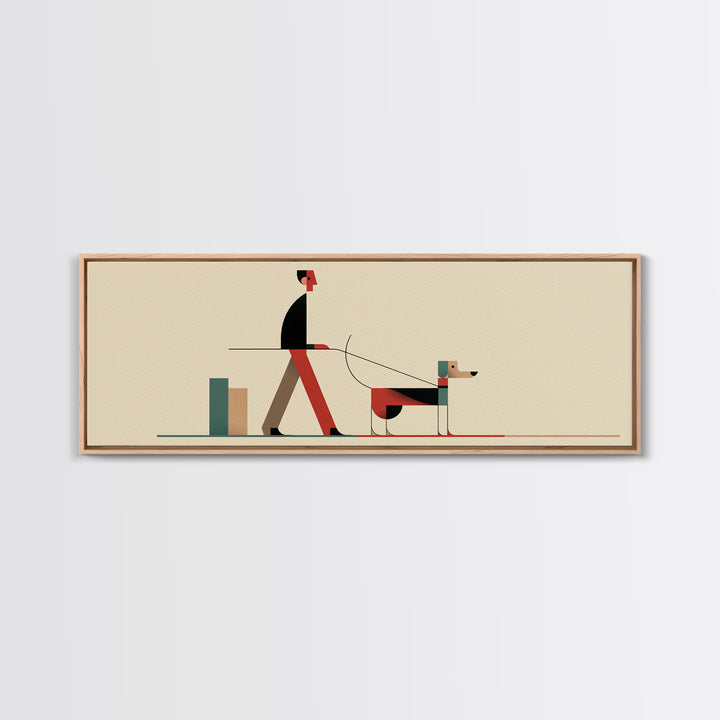 Minimal Man Walking Dog Framed Canvas Print, Mid Century Modern Art, Scandinavian Modern Wall Decor, Geometric Home Decor