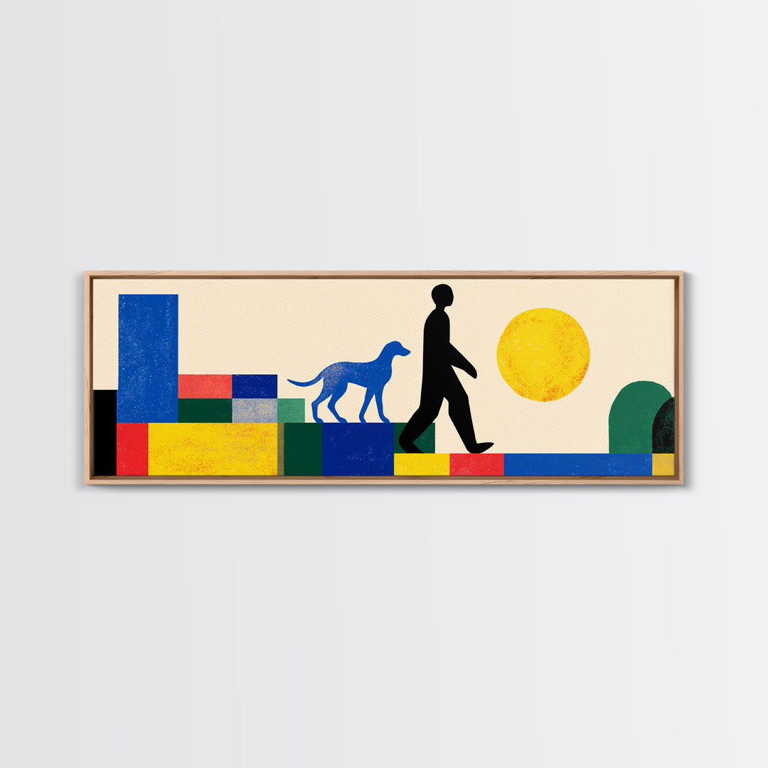Sunny Geometric Dog Walker Wall Art, Mid Century Modern Canvas Print, Bold Primary Color Decor, Retro MCM Living Room Art