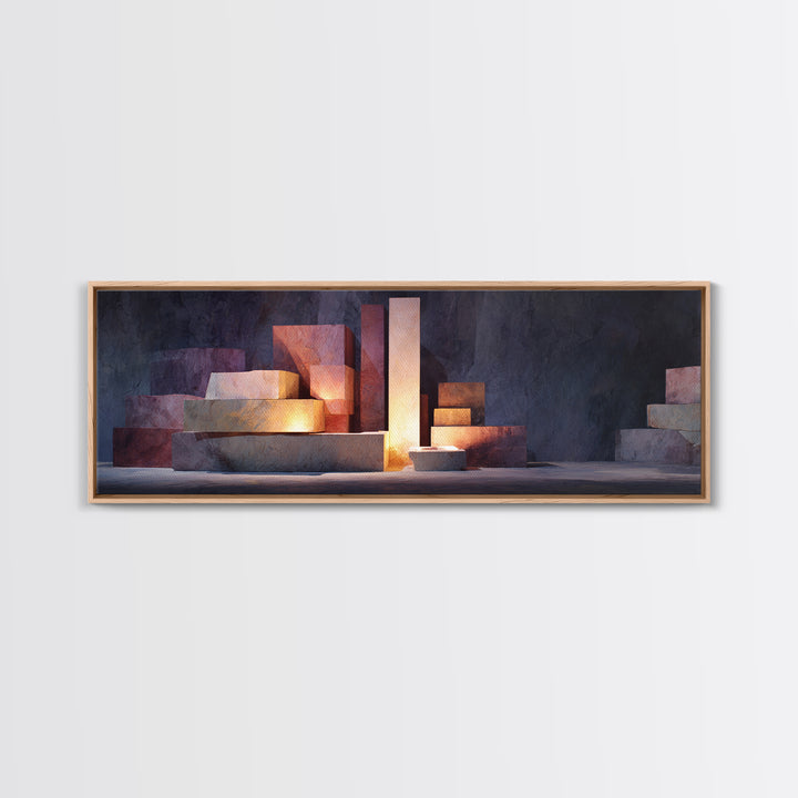 Illuminated Geometric Blocks Framed Canvas Print, Midcentury Modern Abstract Art, MCM Wall Decor For Office And Home Decor
