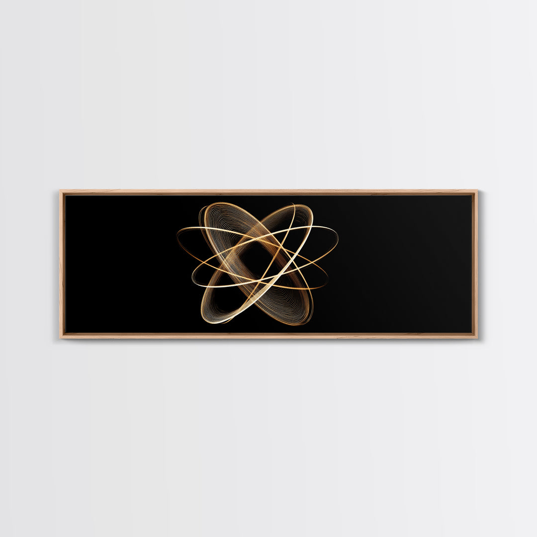 Gold Atomic Orbit Abstract Framed Canvas Print, Midcentury Modern Wall Art, Space Abstract Art, Retro Office Decor, Black Gold Decor