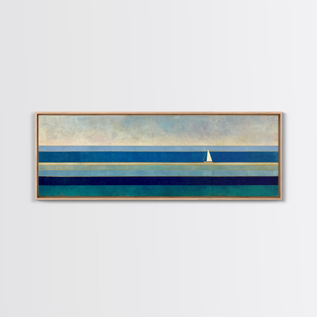 Minimal Sailboat Seascape Wall Art, Midcentury Modern Coastal Print, Blue Nautical Living Room Decor, Ocean Canvas Art Print