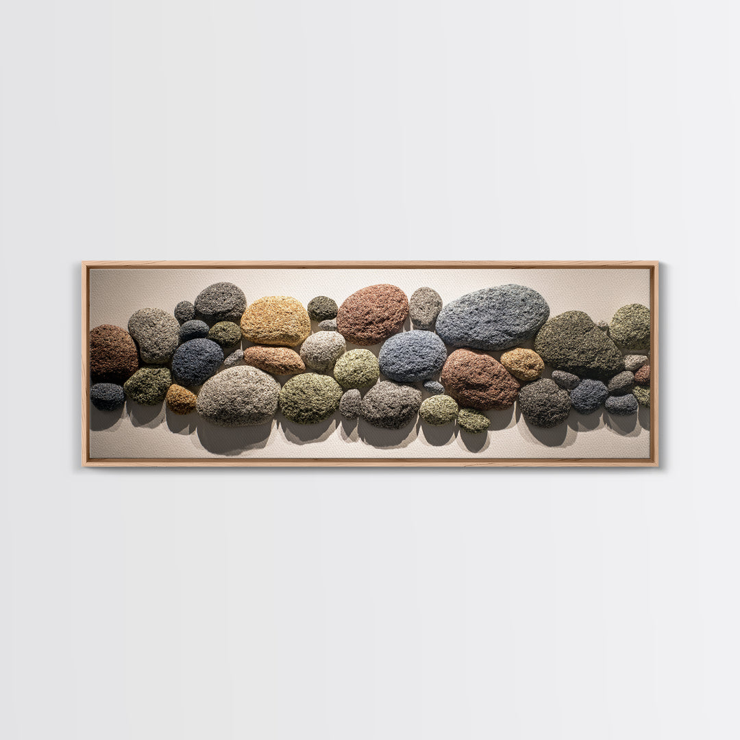 Neutral Pebble Stone Cluster Framed Canvas Print, Organic Abstract Wall Art, Modern Home Decor, Earth Tone Texture Poster