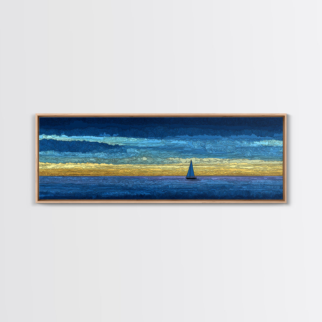Tiny Sailboat On Golden Blue Horizon Canvas Print, Panoramic Seascape Wall Decor, Coastal Modern Art For Living Room Decor