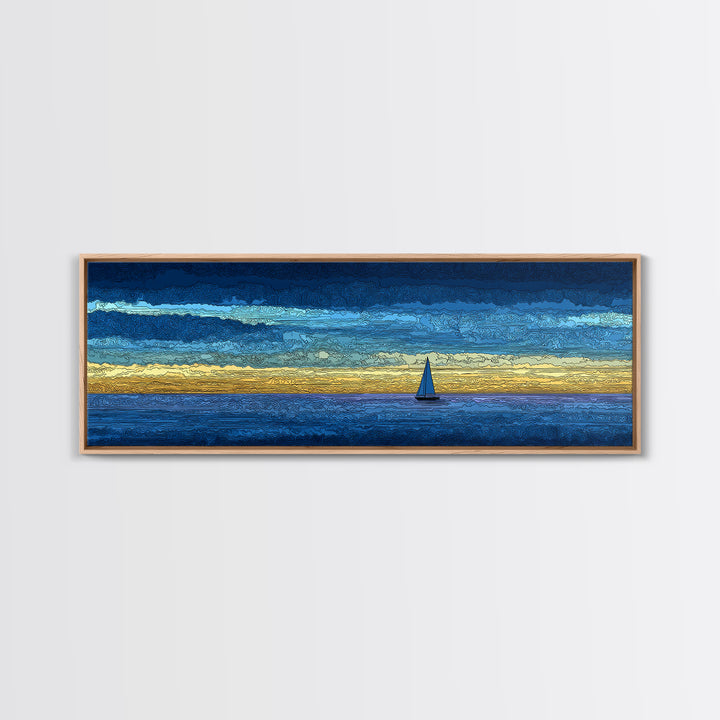 Tiny Sailboat On Golden Blue Horizon Canvas Print, Panoramic Seascape Wall Decor, Coastal Modern Art For Living Room Decor