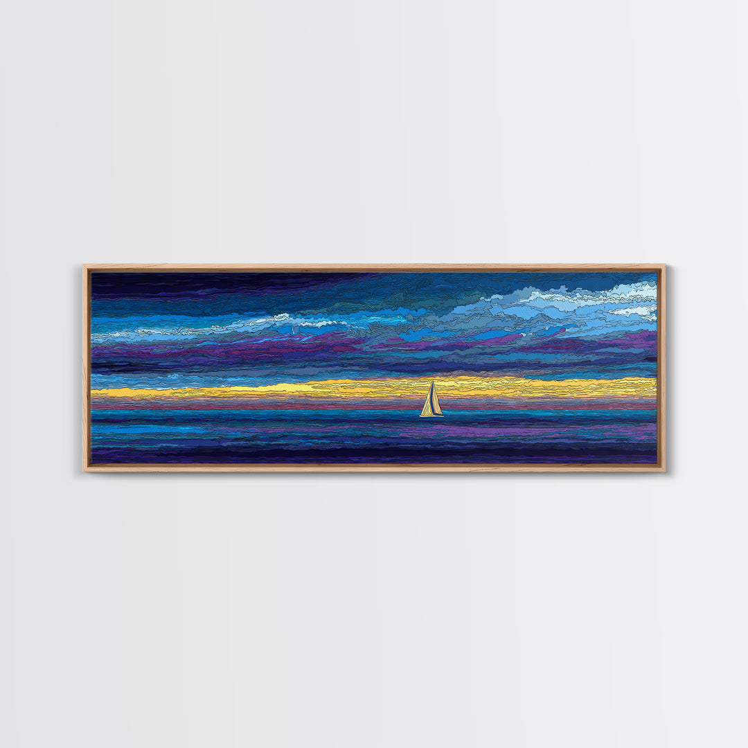 White Sailboat Under Stormy Purple Sky Framed Canvas Print, Panoramic Ocean Wall Art, Coastal Decor, Modern Blue Seascape