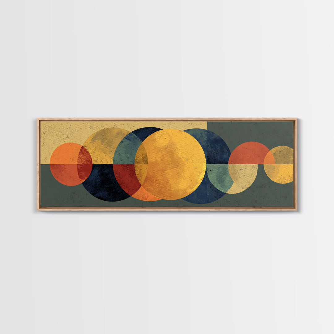 Golden Sun And Navy Circle Abstract Canvas Print, Midcentury Modern Wall Art, Geometric Living Room Decor, Retro MCM Poster
