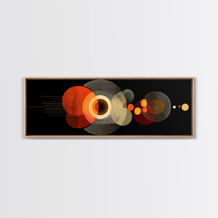 Orange Optical Circles On Black Wall Art, Midcentury Modern Geometric Canvas Print, Atomic Abstract Retro Home Decor Poster