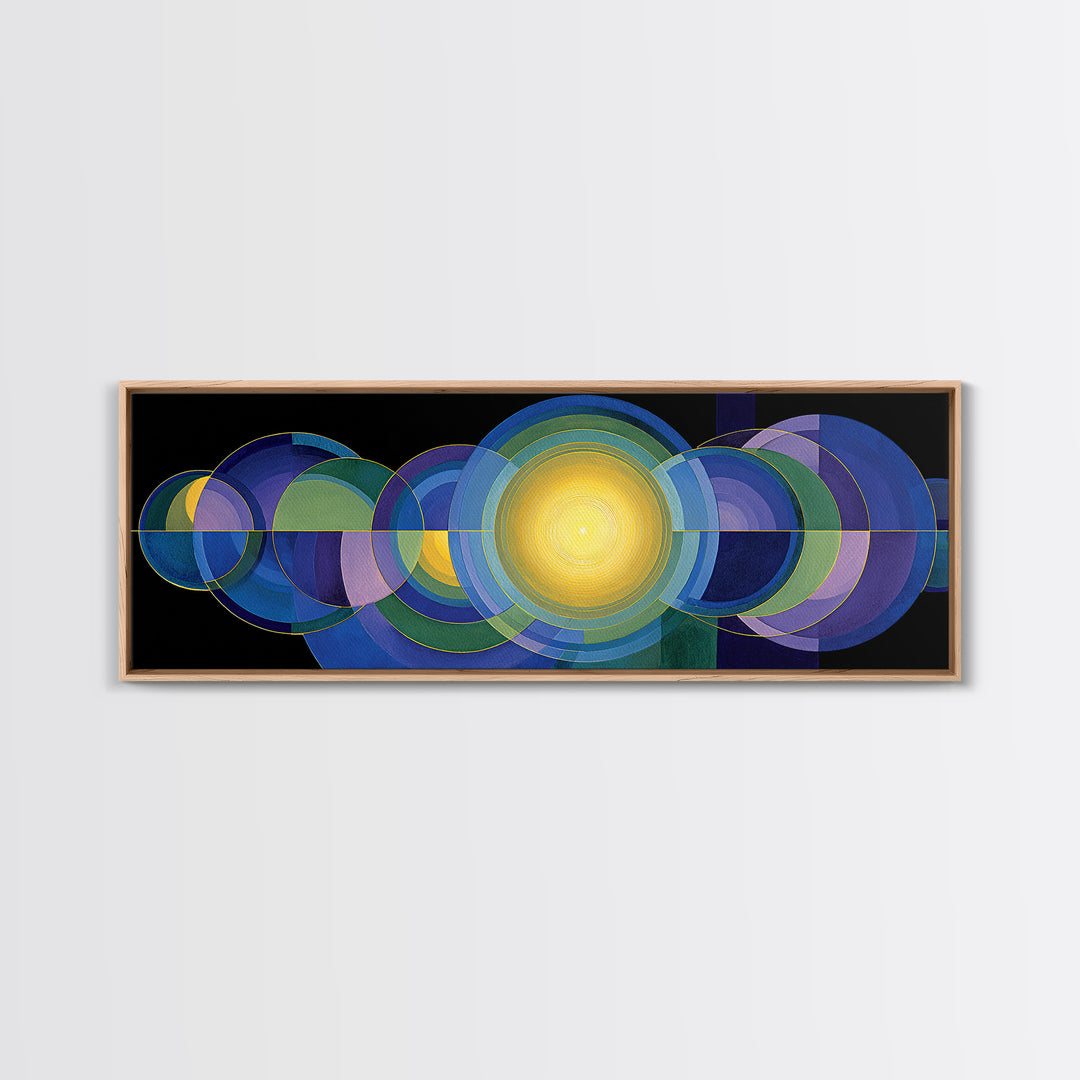 Radiant Yellow Center With Blue Green Circles Wall Art, Midcentury Modern Canvas Print, Geometric Abstract Statement Decor
