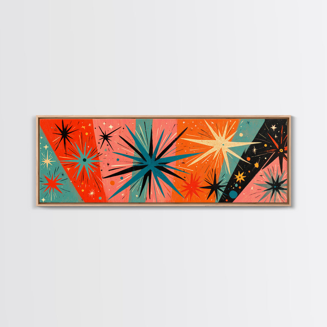 Orange Teal Atomic Starbursts On Coral And Black Canvas Print, Midcentury Modern Wall Art, Retro 50s 60s Home Decor Poster