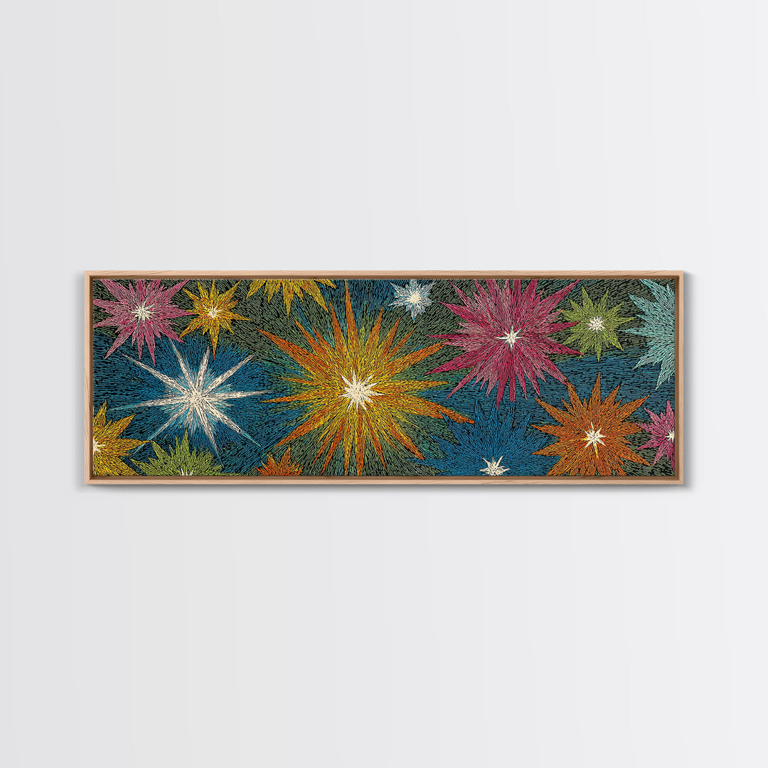 Scratchy Neon Fireworks In Pink Yellow Blue And Green Wall Art, Retro Atomic Starburst Print, Midcentury Modern Home Decor