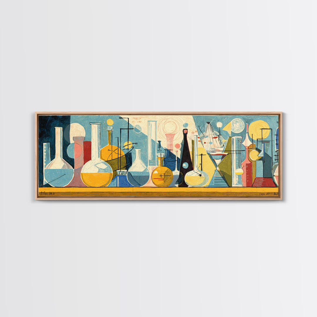 Modernist Laboratory Bottles And Beakers In Aqua Gold And Red Framed Canvas Print, Midcentury Modern Wall Art, Science Decor