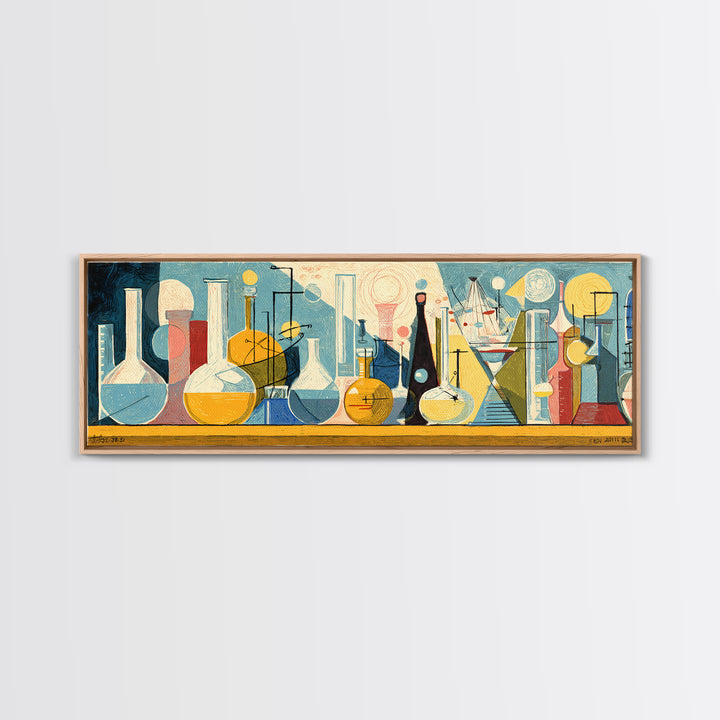 Modernist Laboratory Bottles And Beakers In Aqua Gold And Red Framed Canvas Print, Midcentury Modern Wall Art, Science Decor