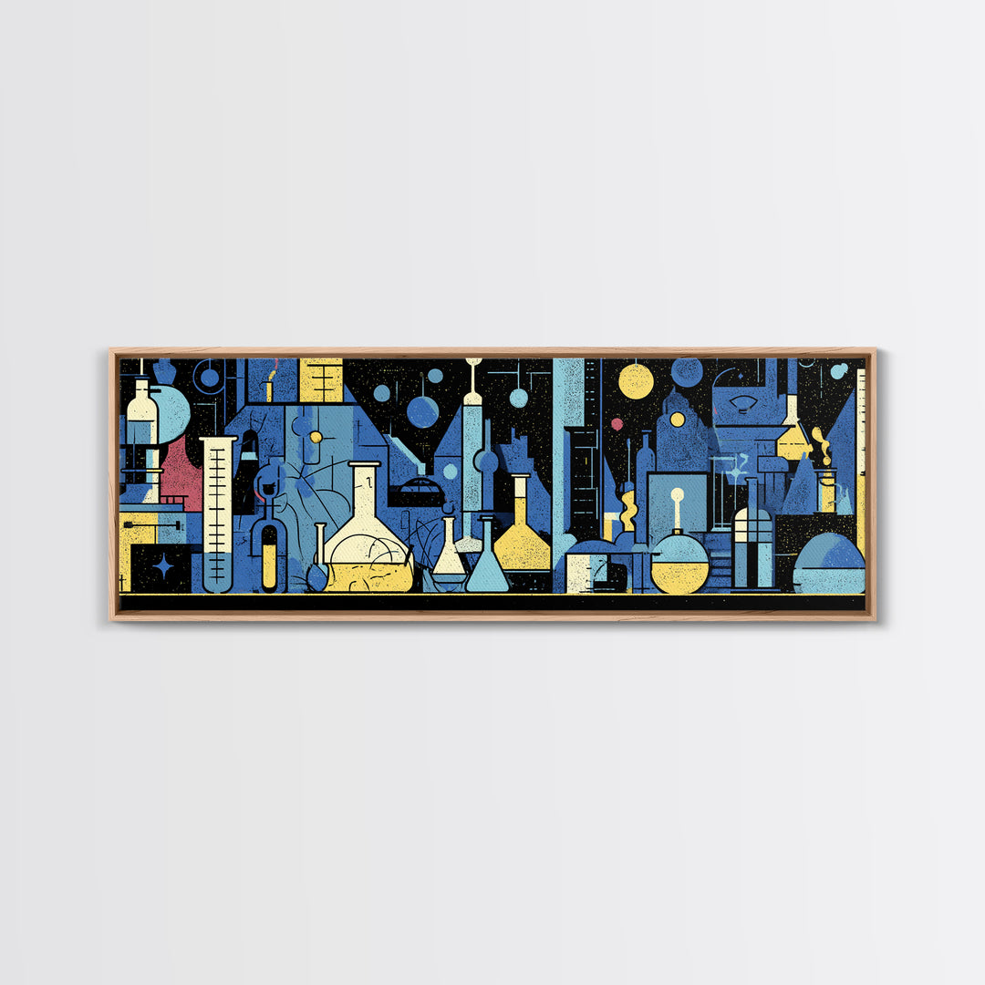 Blue Chemistry Laboratory Glassware Wall Art, Mid Century Modern Abstract Science Poster, Geometric Office Decor Print Set