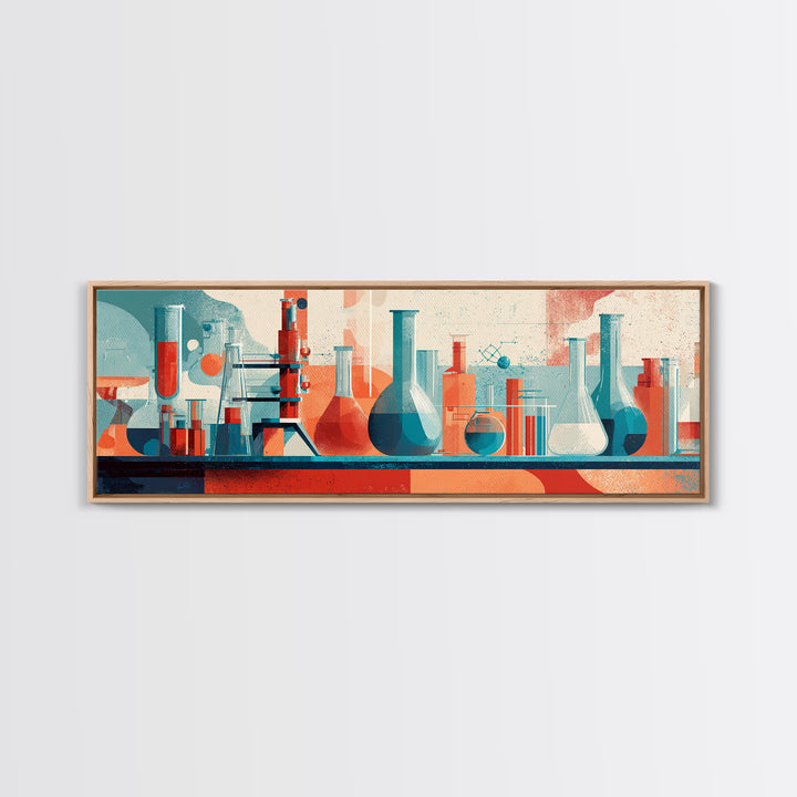 Teal And Coral Science Lab Framed Canvas Print, Mid Century Modern Chemistry Wall Art, Retro Abstract Office Decor Poster