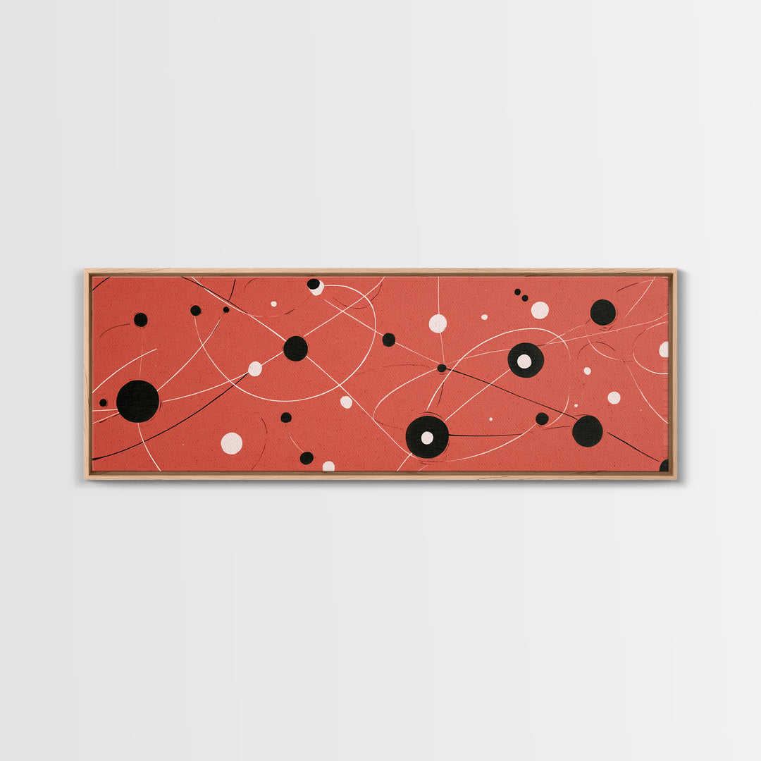 Coral Atomic Orbit Abstract With Black And White Dots, Midcentury Modern Wall Art, Retro Space Poster, MCM Home Decor, Large Canvas Print