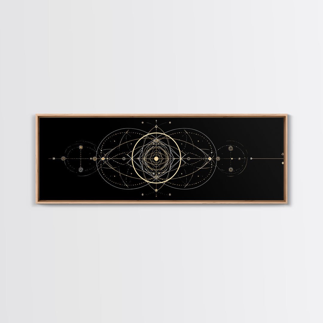 Gold Sacred Geometry Mandala On Black, Spiritual Wall Art, Modern Abstract Art Print, Celestial Framed Canvas Print, Home Decor