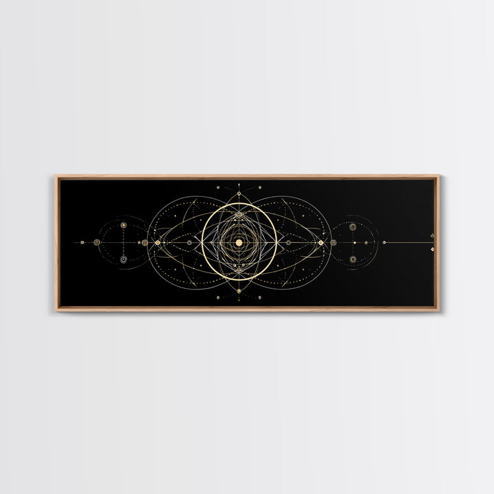 Gold Sacred Geometry Mandala On Black, Spiritual Wall Art, Modern Abstract Art Print, Celestial Framed Canvas Print, Home Decor
