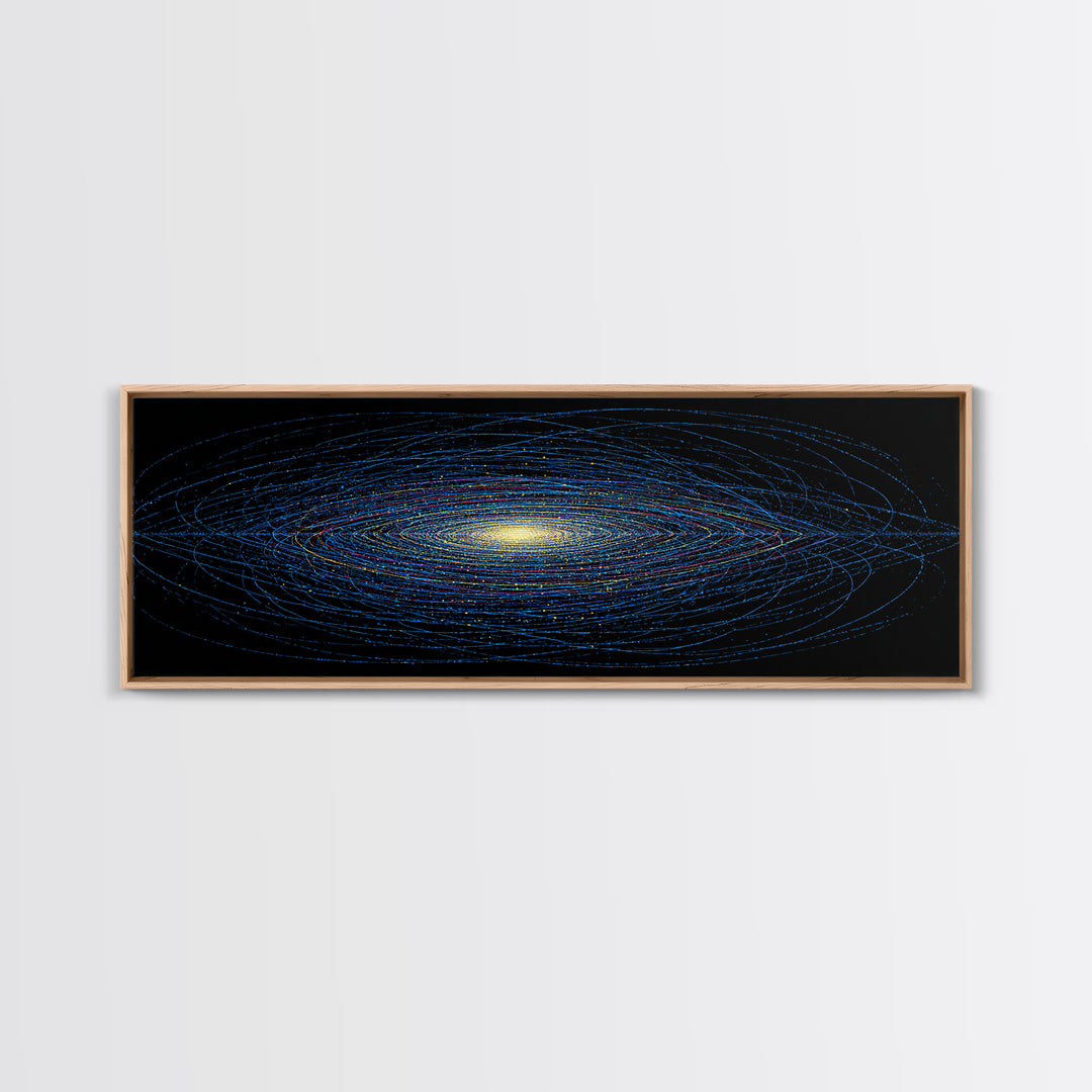 Blue Orbital Galaxy Lines On Black With Yellow Center, Space Abstract Wall Art, Modern Digital Art Print, Sci Fi Canvas Print